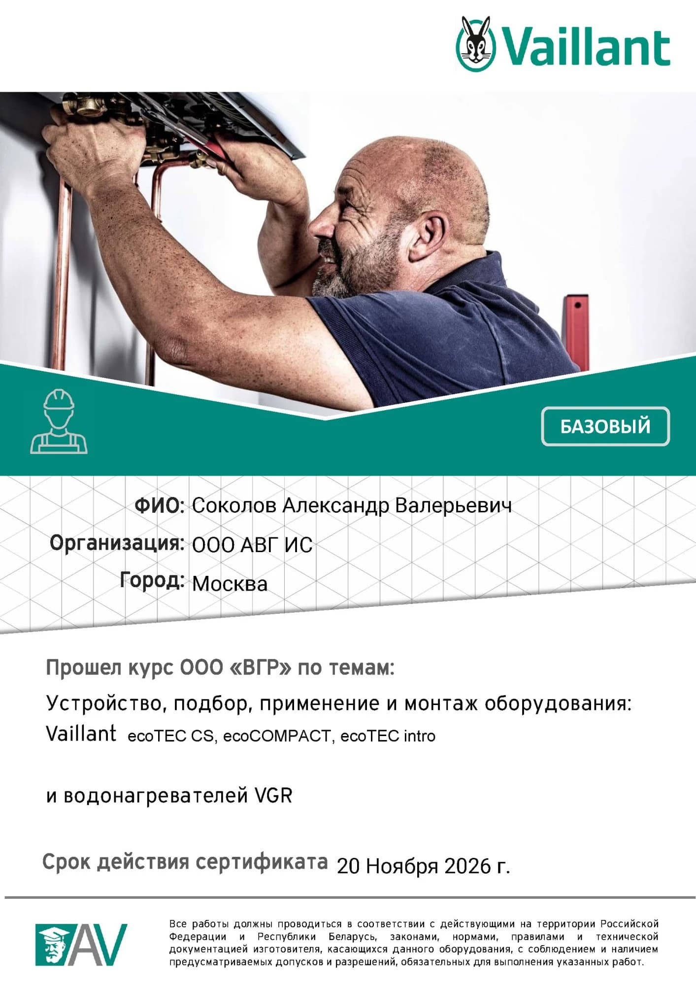 Сертификат Соколов Александр Vaillant (доп.)