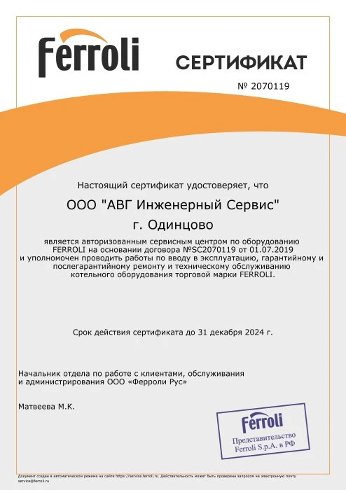 Сертификат Ferroli (доп.)