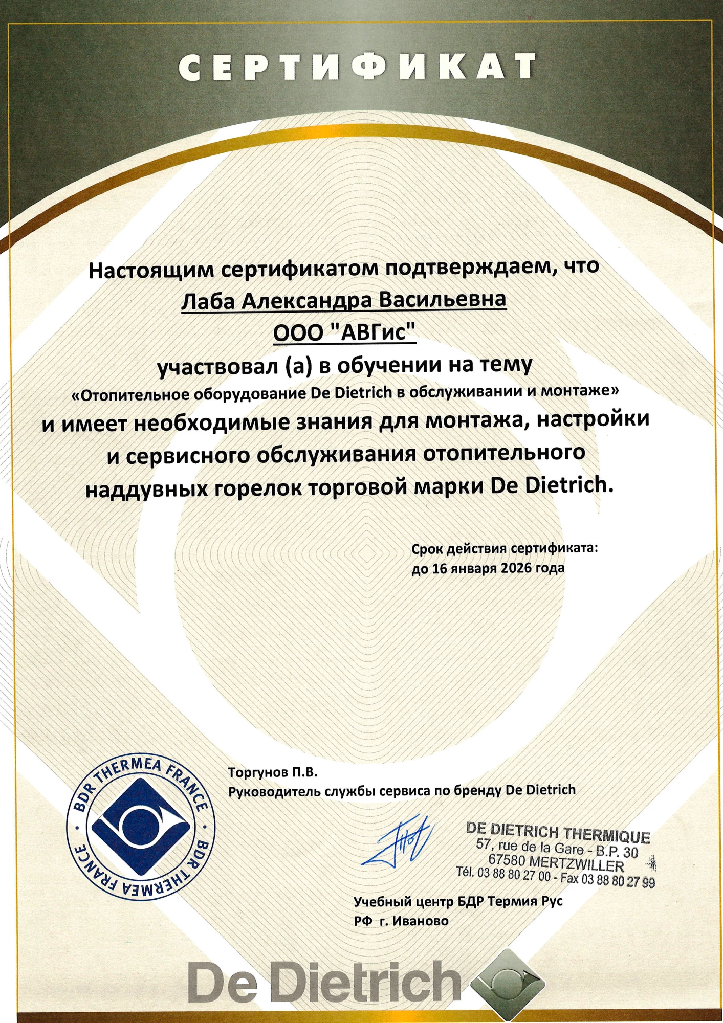 Сертификат Лаба Александр — De Dietrich